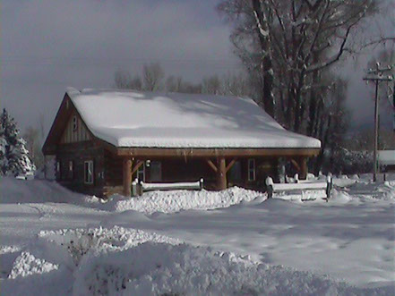 Home page, River Bend cabin, from outside in winter time